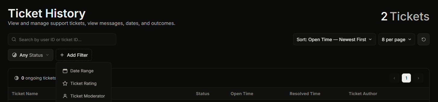 The Ticket History page with the filter row and the table of tickets visible, mixing open and closed
