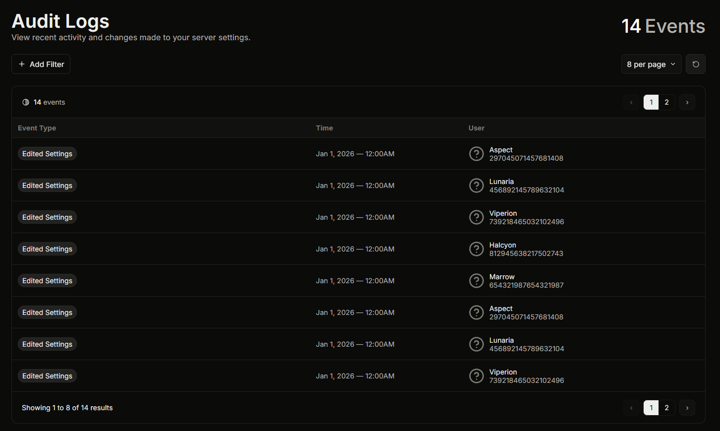 The Audit Logs page with the date and event-type filters set, and a table of audit entries below