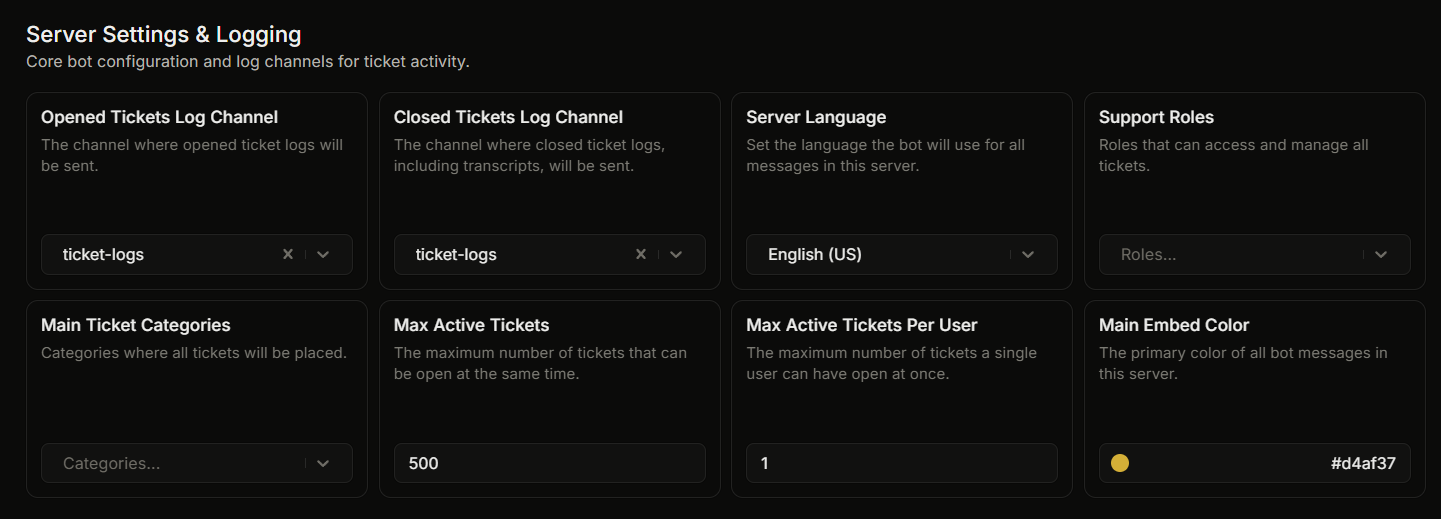 Settings, Server Settings & Logging section showing the fields visible