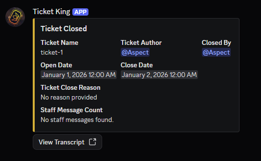A close-ticket log embed in a Discord channel with the View Transcript button below it