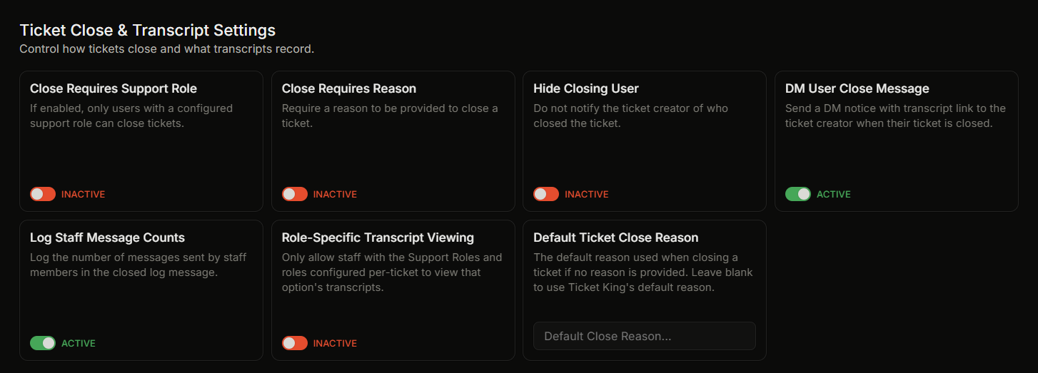 Settings → Ticket Close & Transcript Settings showing all 7 settings