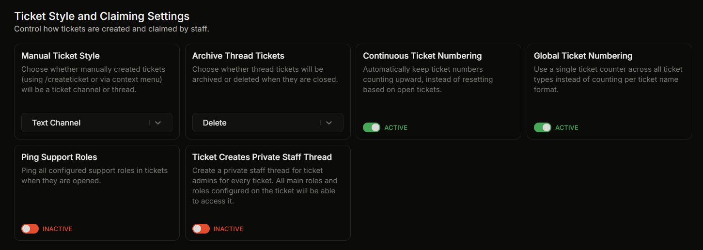 Settings → Ticket Style and Claiming Settings showing both numbering toggles and the disabled state of Global when Conti