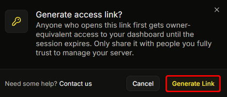 The confirmation pop-up shown after clicking Generate Access Link